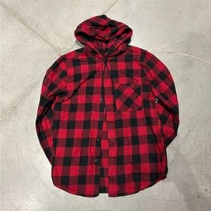 checkered black and red long sleeve with hood